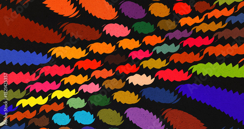 Colorful abstract pattern with jagged oval shapes in dynamic motion, layered over a black background. Bold, graphic, and retro-futuristic