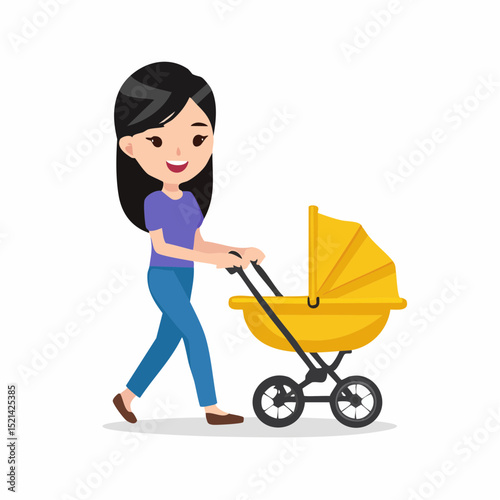 Woman walking with a stroller, vector logo design template and graphic elements for advertising; branding; posters and banners; funny cartoon illustrations with smiling character