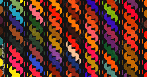 Seamless abstract pattern with interlocking colorful shapes on black background, creating a vibrant and modern visual rhythm