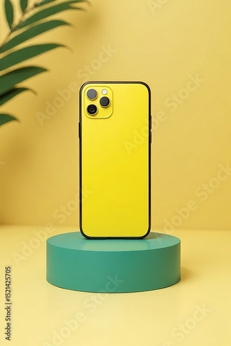 Yellow Smartphone in Teal Stand on Beige Surface with Palm Leaf Shadow