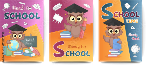 Back to school cartoon owl posters – education vector set for kids