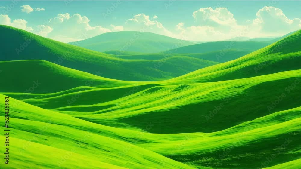Beautiful spring landscape with green rolling hills at sun light