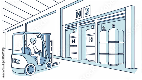 Hydrogen forklift operating in warehouse near h storage tanks with h signage and h on the forklift itself