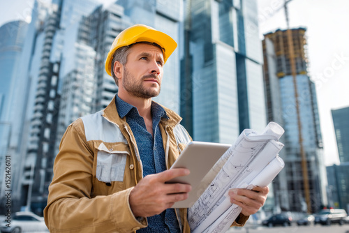 Man in hard hat holding tablet, checking blueprint on digital device at construction site