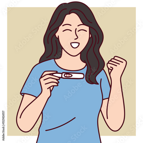 Smiling woman holds positive pregnancy test. Shows joy, hope, excitement, and readiness for motherhood and new life ahead
