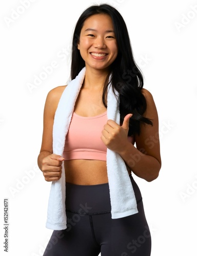 A smiling woman with long hair, wearing a pink sports bra and black leggings, with a white towel around her neck.