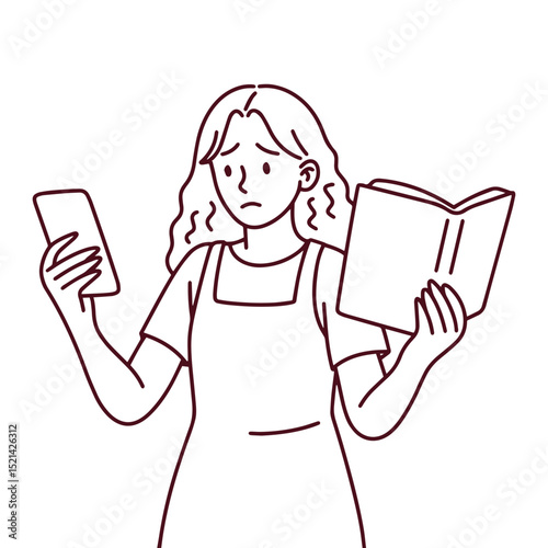 Minimal line art of girl holding book and phone, versus, distracted by screen. Represents multitasking, technology influence, and youth study habits