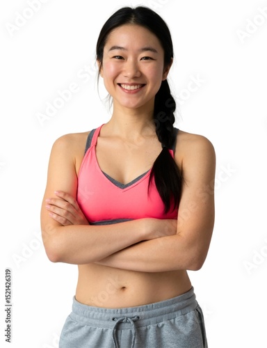 A young woman with a long braid smiles, wearing a pink sports bra and gray leggings, against a white background.