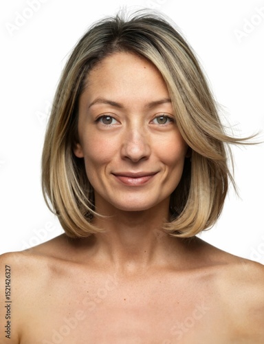 a smiling woman with shoulder-length, blonde hair, fair skin, and a confident expression.