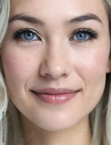 A close-up woman with light blonde hair, blue eyes, and a soft smile. Her skin is fair.