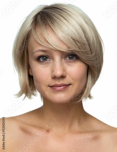 woman with a bob haircut, fair skin, and neutral expression, against a white background.