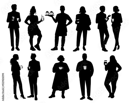 Vector set of black silhouettes of people with coffee cups, standing, chatting, and enjoying a coffee break. Perfect for office, business, and casual lifestyle concepts.