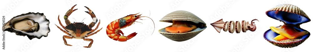 Fototapeta premium PNG collection of diverse shellfish elements arranged in a collage.