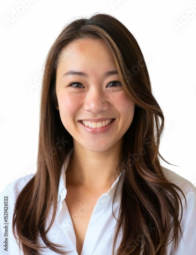 A smiling woman with straight, dark brown hair, wearing a white shirt, against a plain white background.