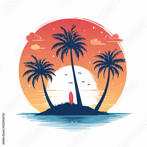 Vector logo and print design templates, summer palms, tropical hand drawn illustrations, tropical surfing concept, vacation and travel, palm trees and ...