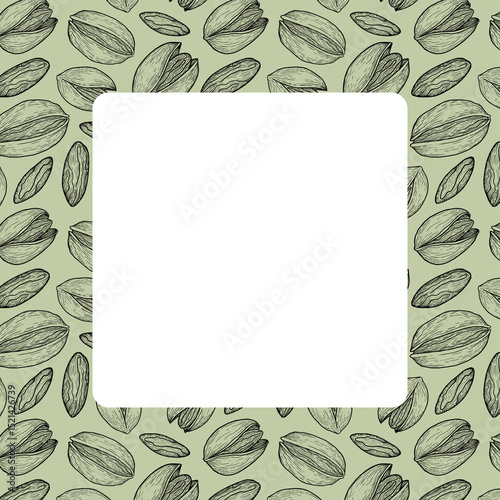 Hand drawn pistachio frame on green background with empty white center for label, packaging, or invitation photo