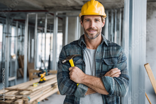 Smiling builder in hard hat holding hammer and looking straight at camera