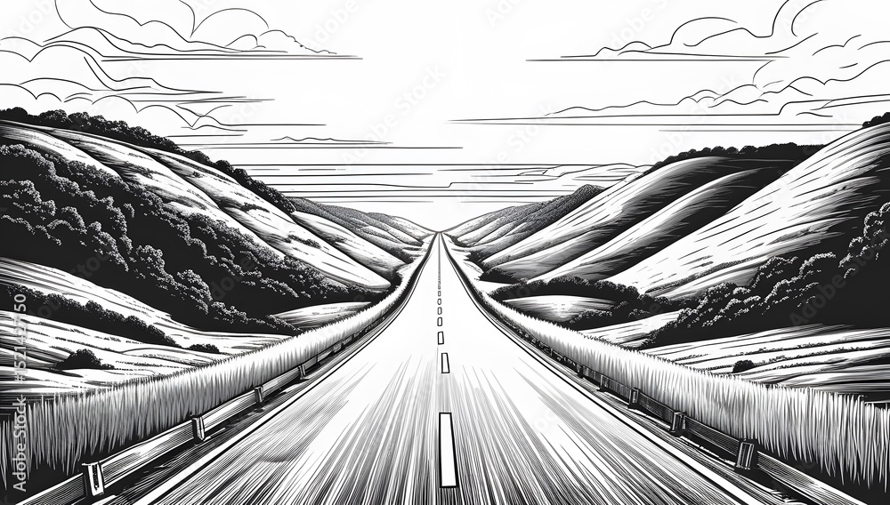 Fototapeta premium Road through hills in black and white landscape illustration style
