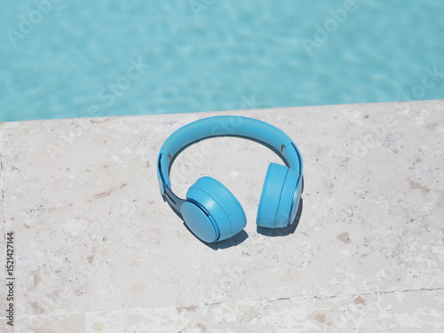 Blue headphones are placed near swimming pool. 