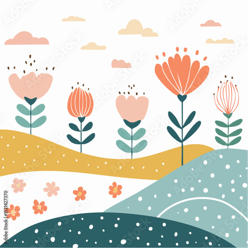 Vector simple minimal illustrations, simple wavy and groovy. hand drawn naive style, flowers and plants, floral botanic design templates, frames and modern wall ...
