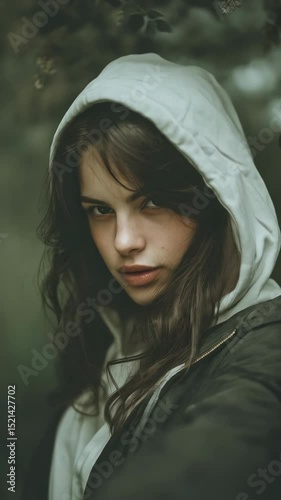 Portrait of a young woman wearing a hooded sweatshirt in natural light