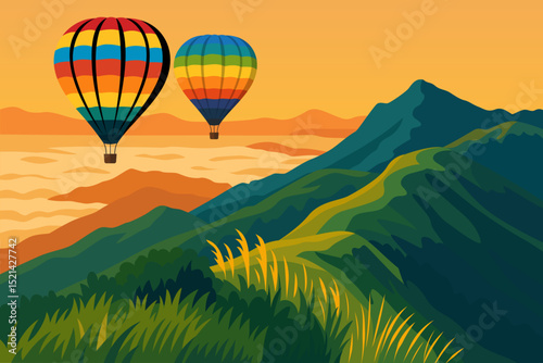 landscape morning fog mountain hot air balloon sunrise illustration clipart