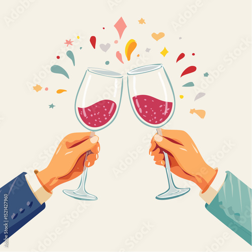Vector simple minimal linear style illustration with cartoon hands holding wine glasses, celebration and party vibe, invitation design element, banner, template