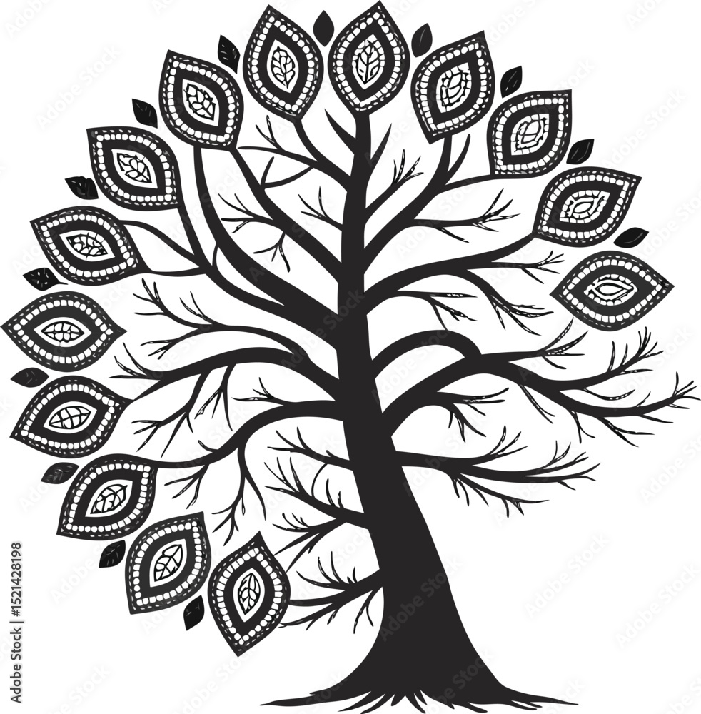 Obraz premium decorative abstract tree silhouette with patterned leaves in artistic circular design