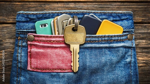 Keys, cards, and phone in a jeans pocket on a wooden background.