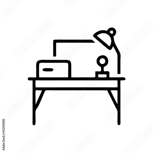 Office desk with lamp and laptop in minimalist style concept of icon  