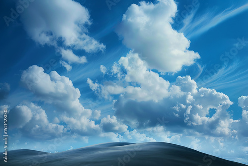 Serene landscape featuring soft, rolling hills under vast blue sky filled with fluffy white clouds. scene evokes sense of tranquility and openness
