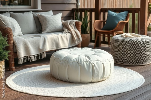 Cozy pouf on wooden patio