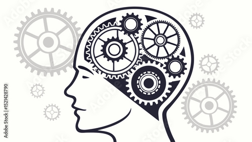 Silhouette of a head filled with gears and cogs representing thought processes and mental mechanisms