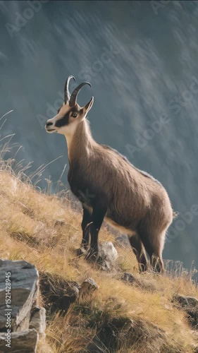 Alpine Ibex stands alert on grassy mountain slope with rock formations in a scenic environment