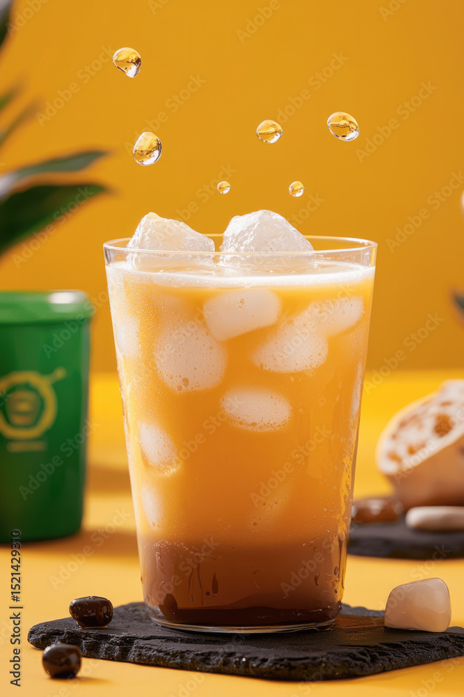 Fototapeta premium Iced yellow milk tea with ice cubes, brown sugar, and floating droplets, refreshing and vibrant mood