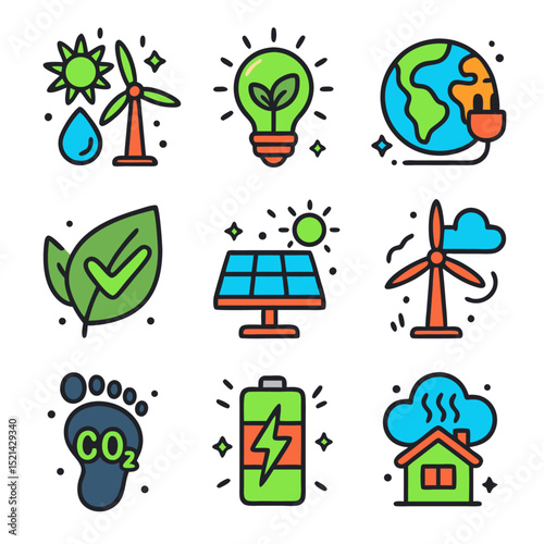 Green energy powers this collection of sustainable energy icons. Suitable for ecofriendly websites, presentations, and educational materials on renewable energy.
