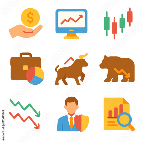 Stock market icons showing finance and investment concepts. Ideal for financial websites, presentations, marketing materials, and educational content related to investments.