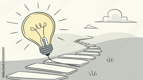 A light bulb illuminating a path of stepping stones leading towards distant clouds in a monochrome landscape