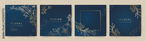 Elegant luxury blue background with hand drawn golden line art floral pattern. Floral frame. Vector templates for wedding invitation, greeting card, packaging, branding, design, social media