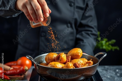 Chef pouring spices for curry