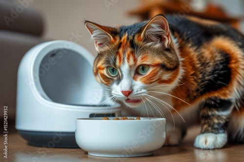 Multicolor Cat Enjoying Smart Feeder