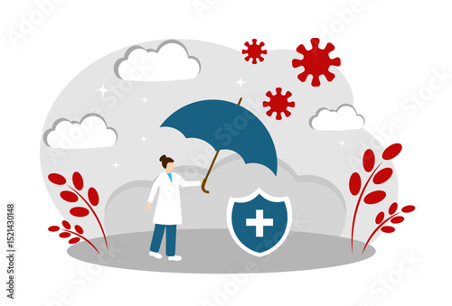 The concept of vaccination and protection against diseases, viruses and bacteria. Doctor with umbrella and shield