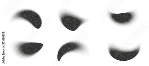 Six abstract shapes with stipple texture against plain white background, creating visual noise and fluid effects.