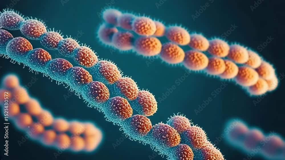 Realistic microbiome scene showing intestinal microbiota and bacterial colonies under a microscope close up representing gut health microbes and immune response from dirty hands