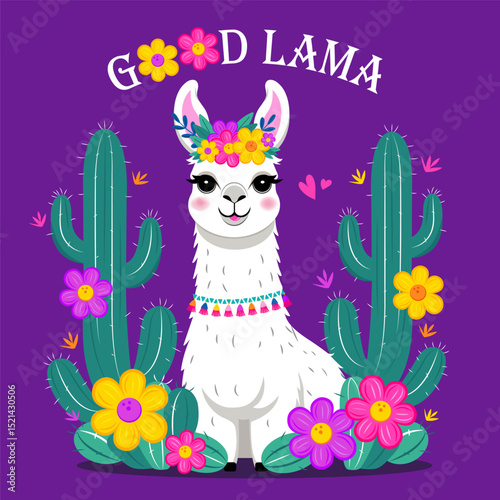 Funny cartoon alpaca with cacti