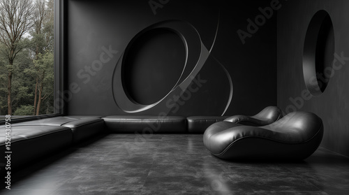 Minimal futurist living room with sculptural black furniture