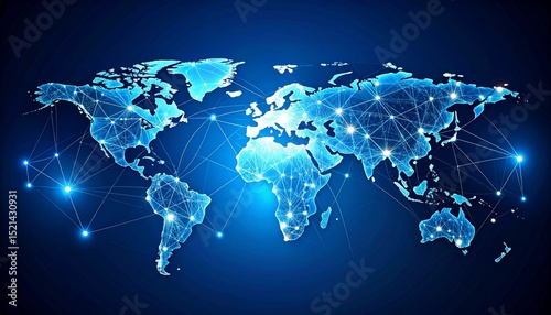 Global communication and connectivity. Abstract lines connecting dots on a world map, representing international networks, social media, and instant communication
