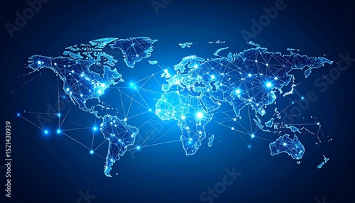 Global communication and connectivity. Abstract lines connecting dots on a world map, representing international networks, social media, and instant communication