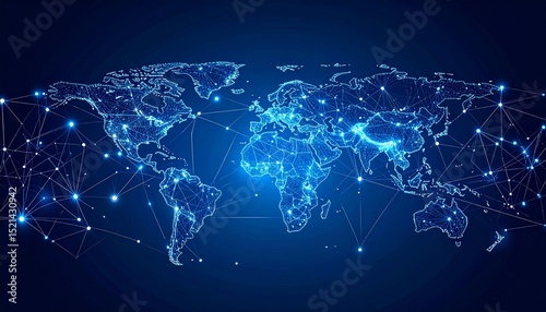 Global communication and connectivity. Abstract lines connecting dots on a world map, representing international networks, social media, and instant communication