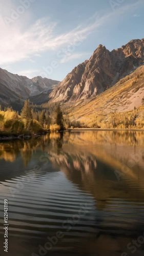 Calm mountain lake reflecting peaks and golden autumn foliage under a bright sky in a remote, peaceful wilderness landscape